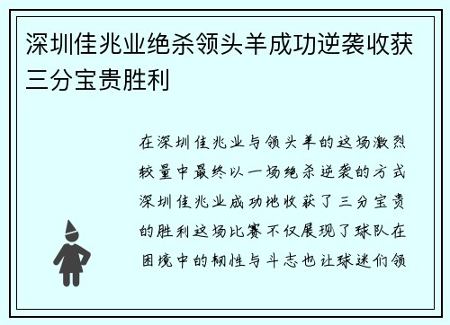 深圳佳兆业绝杀领头羊成功逆袭收获三分宝贵胜利