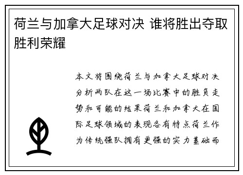 荷兰与加拿大足球对决 谁将胜出夺取胜利荣耀