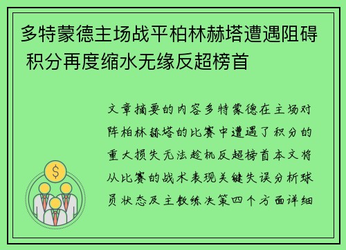 多特蒙德主场战平柏林赫塔遭遇阻碍 积分再度缩水无缘反超榜首