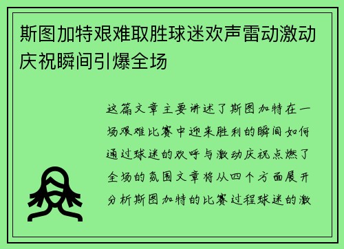斯图加特艰难取胜球迷欢声雷动激动庆祝瞬间引爆全场