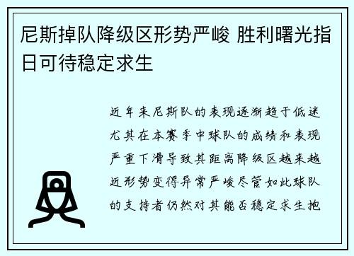 尼斯掉队降级区形势严峻 胜利曙光指日可待稳定求生